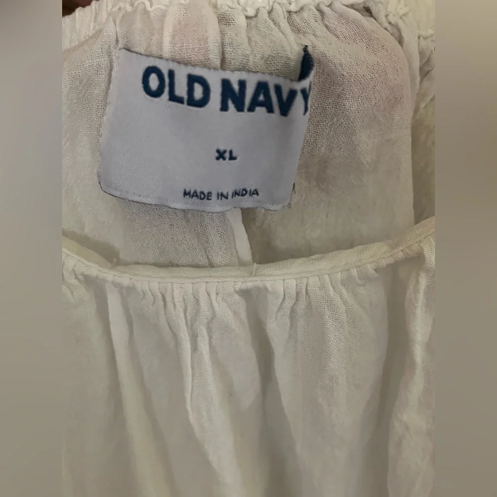 Old Navy White XL Relaxed Puff Sleeve Blouse Neutral Calla Lily Boho Casual GUC